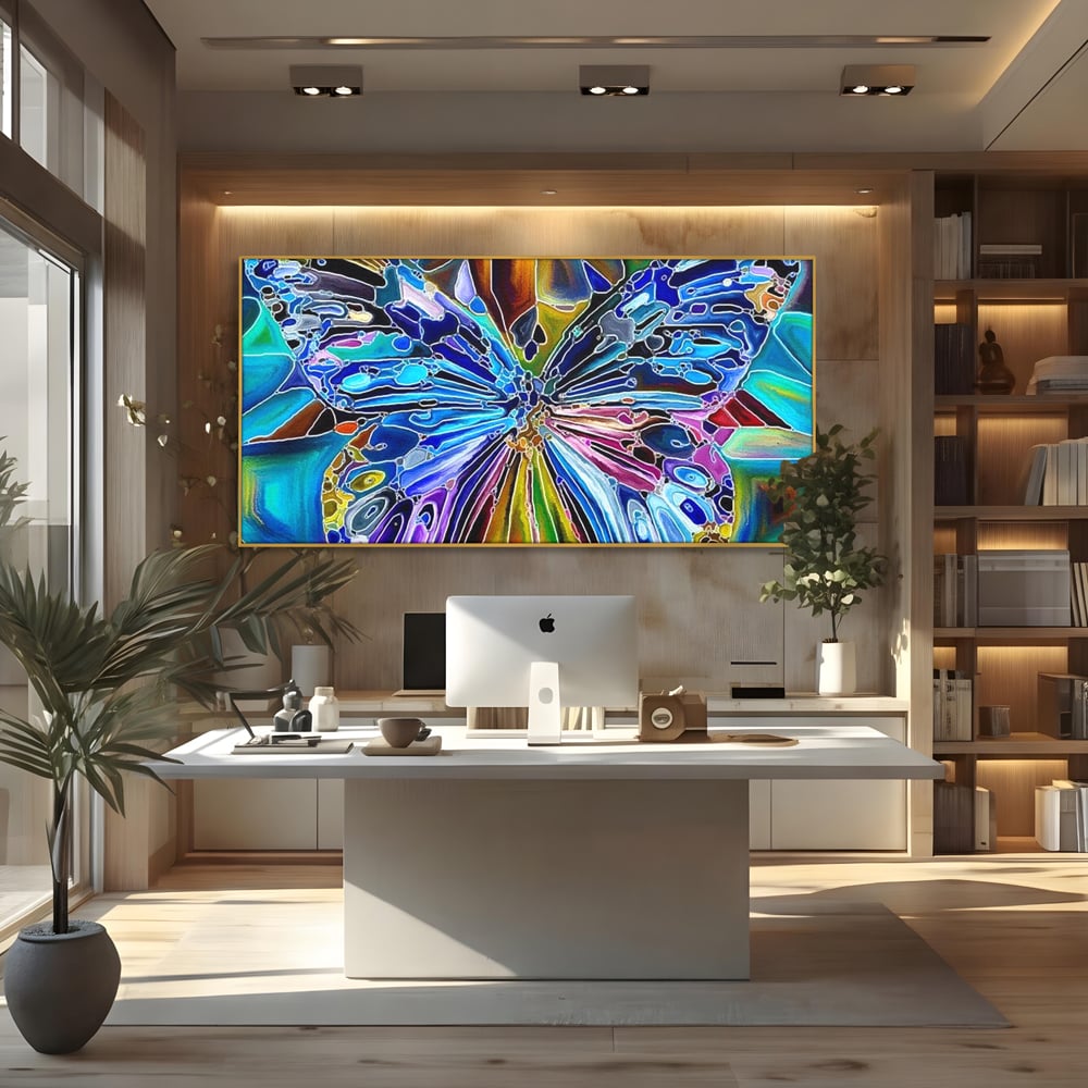 Tablou canvas cu tablou canvas cu fluture mozaic multicolor, in rama de aluminiu auriu, pe perete intr-un birou